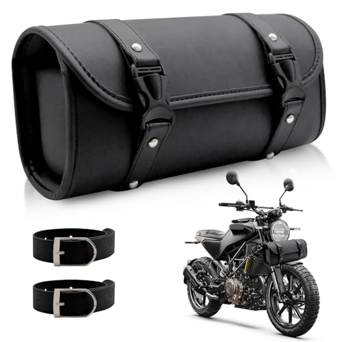 Griwuut Sac Lateral pour Moto en Cuir PU Noir – Sacoche Étanche Résistante aux Intempéries, avec 2 Sangles Réglables Compatible Fourche, Guidon et Cadre (Longueur 29.5cm, Pour Routières, Custom, Trail