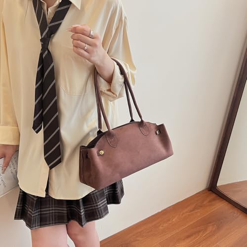 Lushandy Faux Suede Shouler Bag for Women Brown Purse 2025 Fall Trendy Tote Purse Bowler bag Top Handle Designer Hobo Handbag3