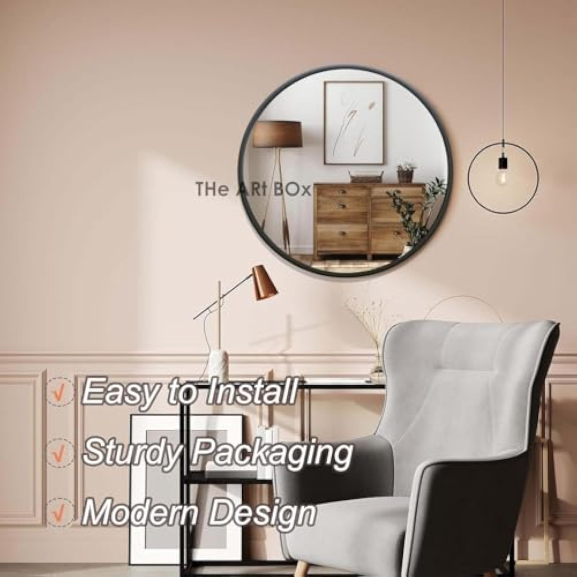 Round Wall Mirror with Metal Frame, Modern Design, 16 Inch