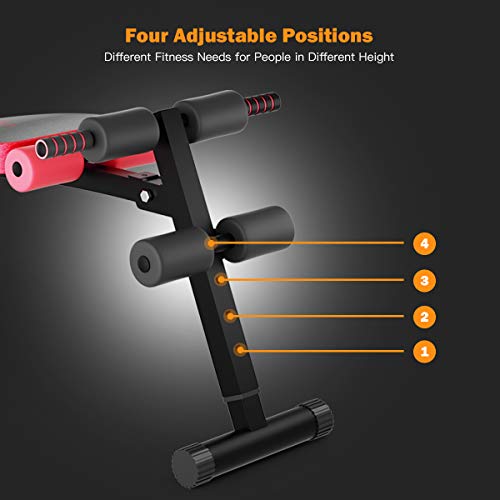 GYMAX Adjustable Sit up Bench, Folding Abdominal Training Slant Bench with Reserve Crunch Handle, Curved Decline Bench for Home/Gym (Red)