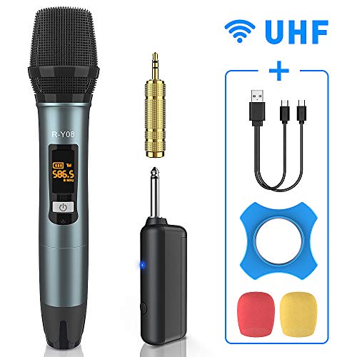 Wireless Microphone UHF Rechargeable(Work 13-18hs) Cardioid Dynamic Mic Handheld Wireless mic System for Karaoke, Singing, Stage, Interview, Church, PA Speaker, Amplifier, Mixer, Camera, Laptop, 164ft