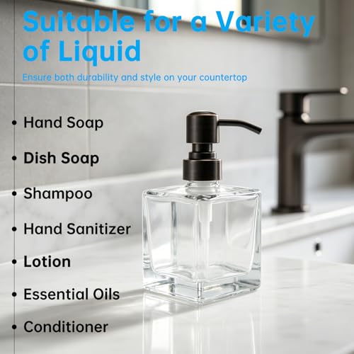 Image of Square Bathroom Soap Dispenser Oil Rubbed Bronze, Glass Bottles with Stainless Steel Pump Retangle Cube Liquid Soap Dispenser Hand Kitchen with Waterproof Lables