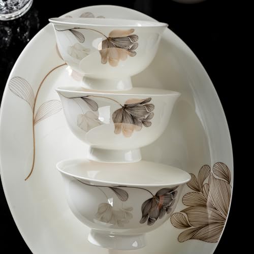 Zestaw zastawy stołowej z porcelany kostnej – 60 sztuk zastawy stołowej dla 8-10 osób, zawiera miski, talerze, łyżki i rondelki