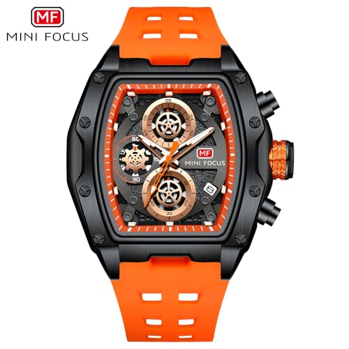 Image of MINI FOCUS Men's Chronograph Watch With Silicone Strap & Skeleton Dial & Rose Gold Accents | Quartz Movement, (Chronograph /Waterproof /Luminous /Calendar) Square Case Wrist Watch For Sports & Outdoor Styling (MF0473G)