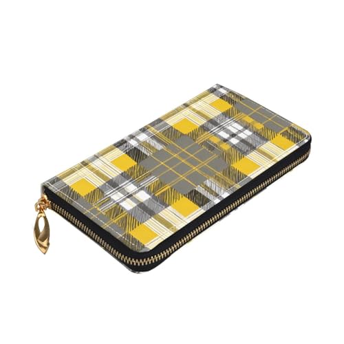 (Yellow Gray Black Plaid) Faux Leather Wallet Long Clutch Zipper Purse Card Holder Travel Coins Cash Organizer Phone Pocket 7.48 x 4.13 x 0.9 inches3