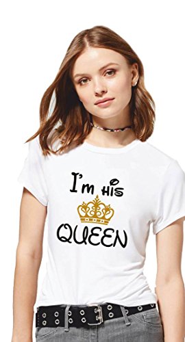 Image of Hangout Hub Women's Round Neck T-Shirt I Am His Queen GC (White;Medium (36) ;) Pack of 1 Couple T-Shirt