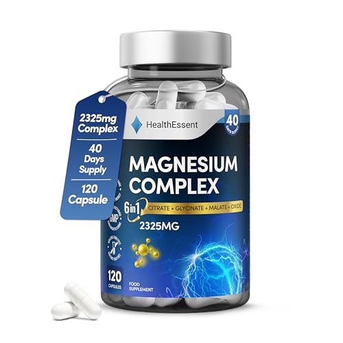 Magnesium 6-in-1 Complex 2325mg with Magnesium Glycinate Citrate Malate Oxide Taurate and Orotate - Muscle Nerve & Energy Support - High Absorption 390mg Elemental - 120 Capsules by HealthEssent