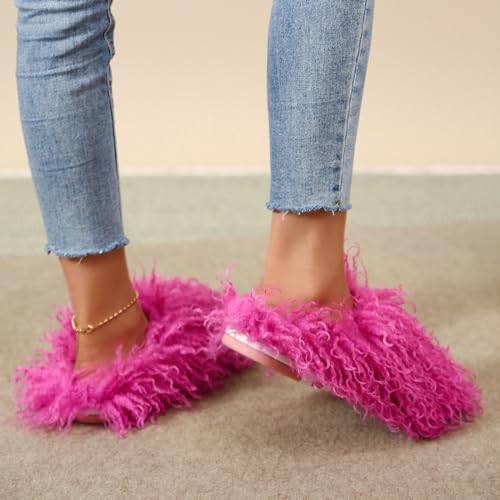 Image of Unisex Fuzzy Faux Fur Slippers, Women's Fluffy Long Hair Sheep Faux Fur Slip on Slides, Girls Luxury Big Fluffy Outdoor Flat Slippers, Long Curly Hair Non-Slip Warm Home Slide Shoes