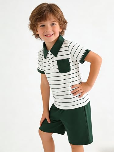 Image of Toddler Kid Boy Clothes Textured Striped Polo Collar Top Summer Shorts 2PC Summer Outfit Set