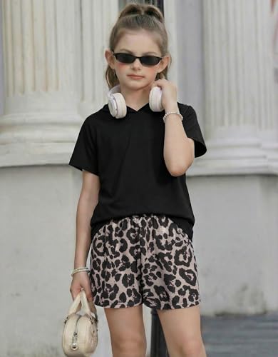 Image of Girls Summer Outfits Kids Hooded-Shirts and Elastic Waist Shorts Sets | short sleeve drop shoulder hooded shirt and shorts with two pockets tie dye leopard letter