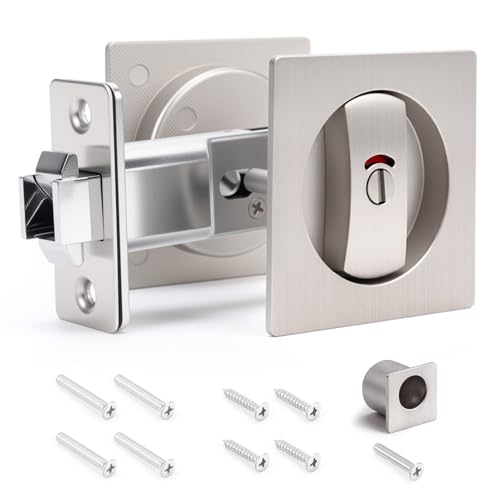 Cerradura para puerta corrediza de bolsillo Ejoyous con tirador lateral, aleación de zinc, indicación de privacidad rojo y verde, diseño empotrado para cocina, dormitorio y baño, acabado plateado miniatura 1