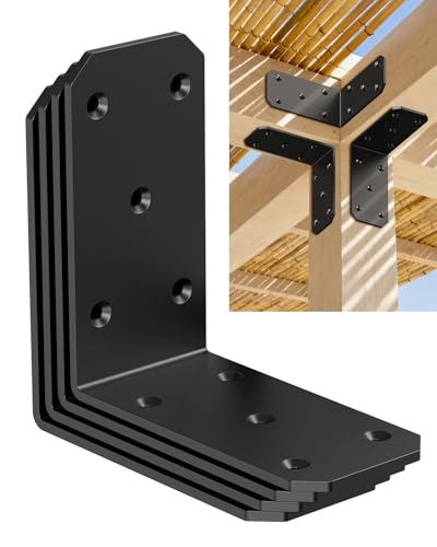 Heavy Duty L Brackets 4-Pack, 5x5x2.5 Inch 300lb Capacity Black Powder Coated Durable Corner Braces, 90 Degree Angle Brackets for Wood, Shelves, Pergola, Deck, Fence, Furniture (Black-4PCS)