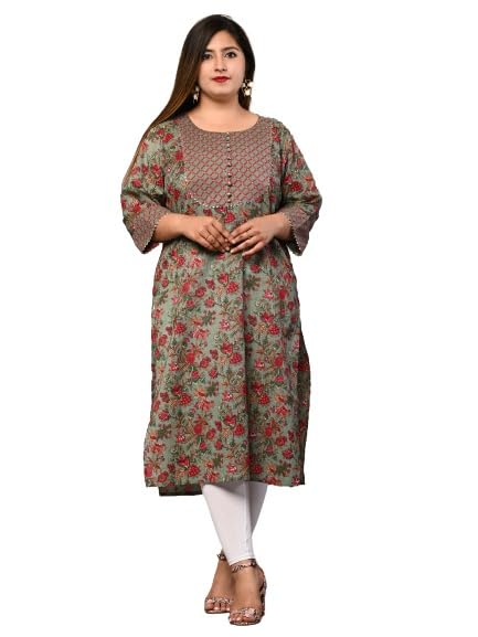 Women Floral Print Pure Cotton Plus Size Straight Kurta (Green)