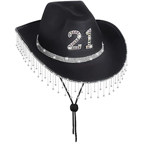 JUSTOTRY 21st Birthday Black Cowboy Hat - 21ST Birth Day Gifts Outfit for Women Cowgirl Hats with Wide Brime for 21st Birthday Decorations… Cover