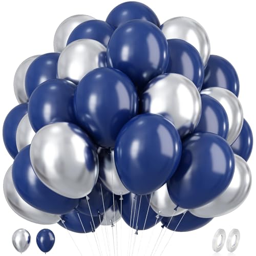 Navy Blue and Silver Balloons, 60pcs 12 Inch Metallic Silver and Navy Blue Balloons Latex Helium Party Balloon for Birthday Anniversary Bachelorette Graduation Decorations Class of 2025 Decorations