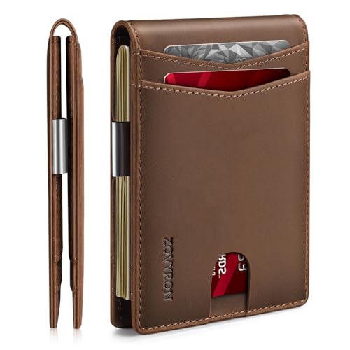 Wallet for Men Slim Bifold Leather Wallet with Money Clip RFID Blocking Minimalist Card Holder Front Pocket Mens Wallet,12 Card Slots (Brown)