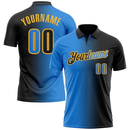 Custom Youth Black and Light Blue Performance Polo Shirt with Gold Name Number Printed, Personalized...
