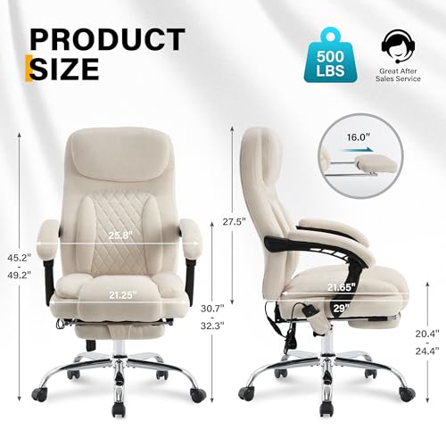 Image of 6-Point Massage Office Chair with Heated, Ergonomic Office Chair with Footrest & 45Reclining High Back, Big and Tall Executive Office Chair 500LBS, Thick Cushion Desk Chair for Home Office, Beige