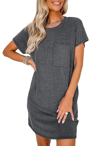 Acelitt Women Casual Summer Dress 2026 Fashion Crewneck Short Sleeve Trendy Loose Vacation Beach Ribbed Tunic Shift Tshirt Mini Dresses Black XL