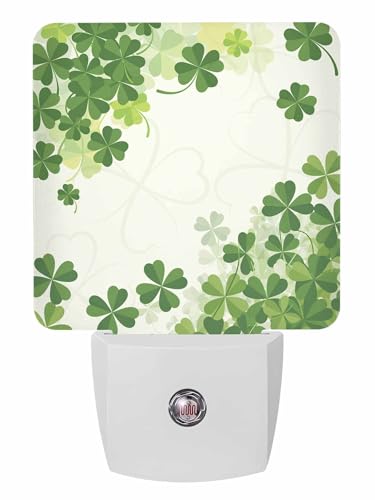 Image of Green Shamrocks Night Light Plug in LED Lamp Automatic Sensor Night Lights Plug into Wall St. Patrick's Day Decorative Clover Pattern Room Bright Decor Square Dim Night-Lights for Kids Girl Adult