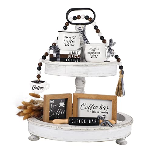 Yookeer 7 Pcs Coffee Tiered Tray Decor Set Mini Bar Art Display Framed Coffee Wooden Sign Farmhouse Mini Mug Vintage Wooden Beads Garland Rustic Kitchen Table Sign Decoration for Station
