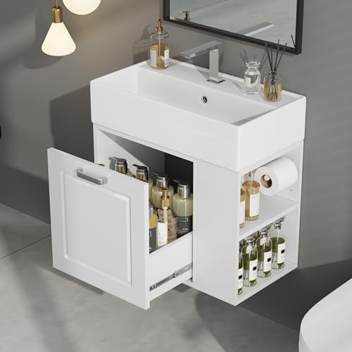 22 Inch Floating Vanity with Sink, Wall Mounted Bathroom Vanities with Top, Single Sink Bathroom Vanity with One big Drawer, Adjustable Shelf, Toilet Paper Holder, Soft-Close System (White)