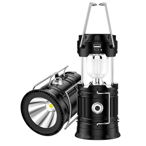 2-in-1 Camping Lantern Rechargeable Camping Lights with Solar and USB Charger, Collapsible Tent LED Light for Outdoor Camping Tent and Hiking Fishing