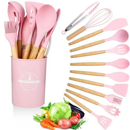 Küchenhelfer-Set, 12-teilig, Silikon-Kochutensilien-Set mit Holzgriff, Antihaft-Kochlöffel, Utensilien-Set, hitzebeständig, Küchenutensilien, hitzebeständiges Set (Rosa)