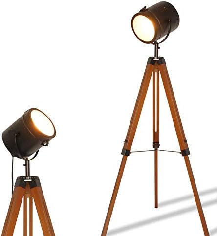 Contemporary Modern Wooden Farmhouse Tripod Floor Lamps for Living Room, Industrial Standing Tall Adjustable Metal Spotlights for Bedroom Reading Edison E26 Socket Vintage Antique Decoration Lighting