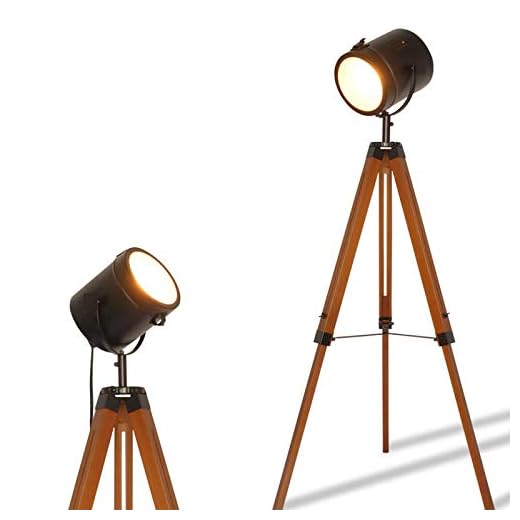 Contemporary Modern Wooden Farmhouse Tripod Floor Lamps for Living Room, Industrial Standing Tall Adjustable Metal Spotlights for Bedroom Reading Edison E26 Socket Vintage Antique Decoration Lighting