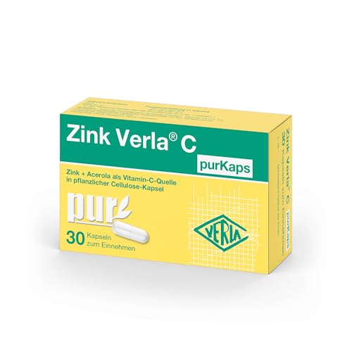 Zink Verla C purKaps – 10 mg Zink als Zinkgluconat möglichst pur + 80 mg Vitamin C mit Acerola in pflanzlicher Cellulose -Kapsel, frei von Süßungsmitteln, vegan, glutenfrei und ohne Lactose, 30 St