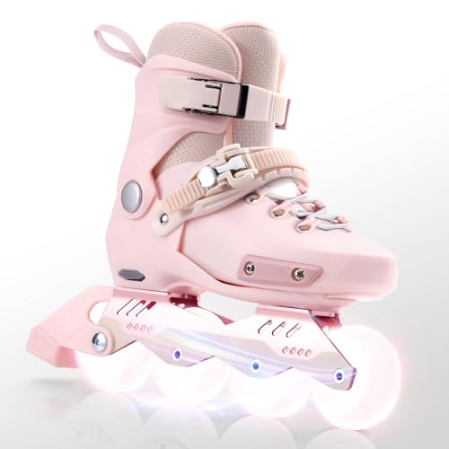 SWAY Adjustable Inline Skates for Kids, Teens and Adults, All Wheels Light Up High Performance Roller Skates for Boys and Girls Ideal for Roller Skate (Pink, Medium-Big Kid（1-4 US）)