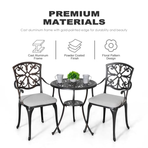 Image of NUU GARDEN Bistro Set 3 Piece Outdoor Cast Aluminum Patio Table and Chairs Set of 2 with Umbrella Hole and Grey Cushions for Backyard, Balcony, Black