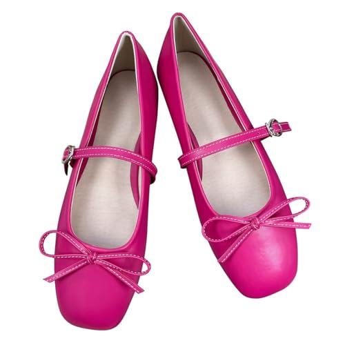 ChaiRong Zhou Women Bowknot Mary Jane Shoes Comfortable Square Toe Pu Leather Flats Buckle Strap Casual Ballet Party Dress Shoes