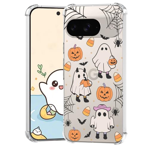 Coque Google Pixel 9 Halloween en TPU souple transparent motif chat fantôme
