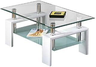 Coffee Table For Living Room, Rectangle Glass Coffee Table With Stainless Steel Tube Support & MDF Wooden Legs, Modern Coffee Table With Storage Glass Shelf for Home Living Room Furniture (White)