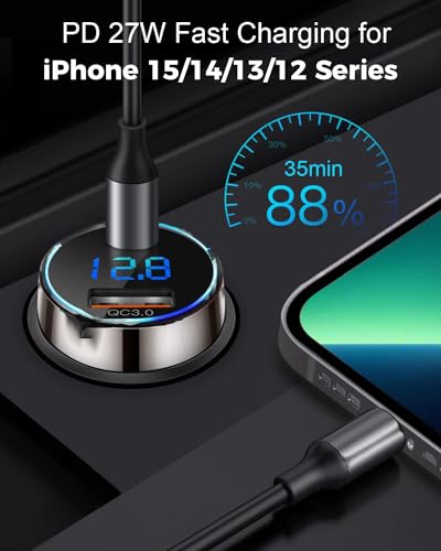 [Pure Copper] USB C Car Charger, SUPERONE 45W Dual USB Car Charger Adapter with 27W/20W PD Port, Fast QC3.0 LED Voltmeter for iPhone 15 14 13 Max/Pro/Plus/Mini, Pixel 7/6/5, Samsung S22/21 More - Thumbnail 2