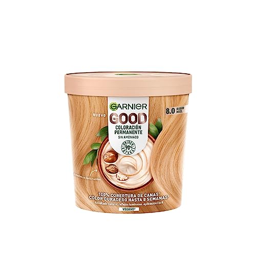 Garnier GOOD Permanent Hair Dye, 8.0 Honey Blonde. Guarantees 100% grey coverage and 8-week colour. No ammonia, vegan shea butter formula for luminous honey blonde on all hair types.