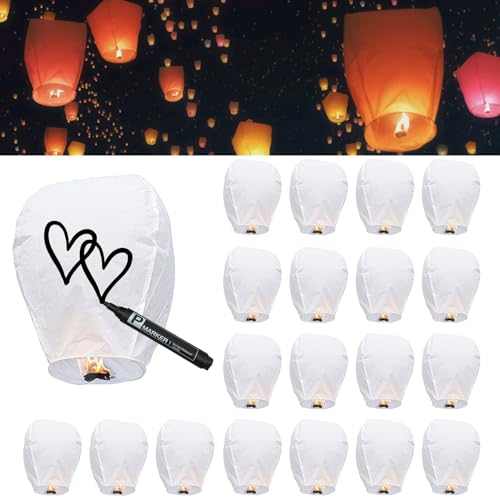 Paquete de 20 faroles chinos de cielo para liberar en el cielo, color blanco, faroles de papel resistentes al fuego para conmemoración, linternas voladoras biodegradables de alta calidad ecológicas