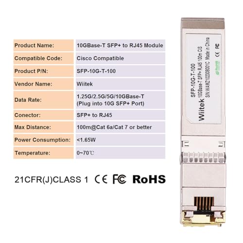 Image of 100 Meters 10Gbps SFP+ to RJ45 Modules, 1G /2.5G /5G /10GBase-T Copper RJ45 to SFP+ Transceiver, Compatible with Cisco SFP-10G-T-X, Ubiquiti, Netgear, Mikrotik, Very Low Power Consumption