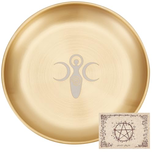 CREATCABIN Tarot Theme Altar Plate Moon Ritual Burning Candle Holder Bowls Offering Incense Aromatherapy Tray Ceremony Plate with Altar Card Home Decor for Witchcraft Wiccan Wedding Golden 5.55 Inch