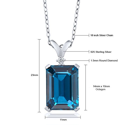 Gem Stone King 925 Sterling Silver London Blue Topaz And White Diamond Pendant Necklace For Women (9.52 Cttw, Gemstone Birthstone, Emerald Cut 14X10Mm, With 18 Inch Silver Chain) #TOP4