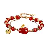 FitJinZun Red Agate Bracelet for Girls Natural Rabbit Charm, 6mm Round Bead Adjustable Bracelets Luc