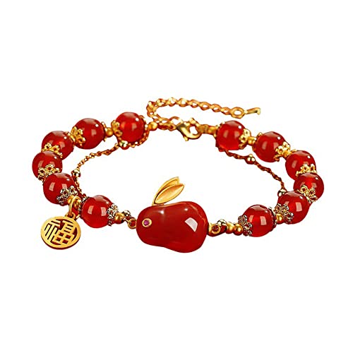 Fitjinzun Red Agate Bracelet For Girls Natural Rabbit Charm, 6Mm Round Bead Adjustable Bracelets Lucky Chinese Jewelry Gift For New Year #TOP12