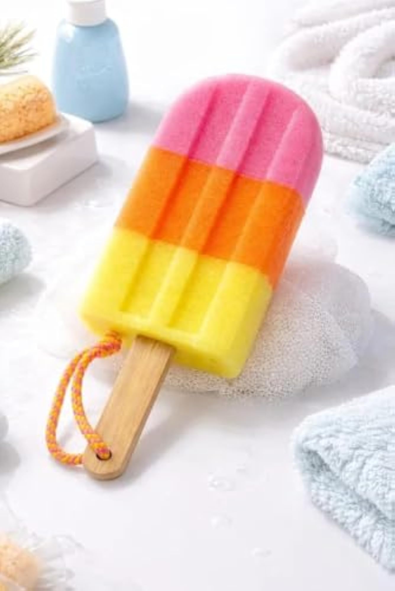 Ice Cream Bath Sponge with Wooden Handle, Soft Exfoliating Scrubber