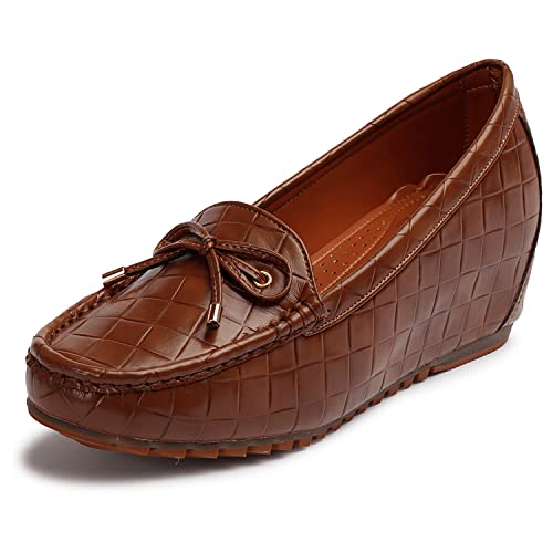 Image of XE Looks Brown Woven Texture Loafers | Bow Detail | Cushioned Footbed | Stylish & Comfortable Casual Shoes for Girls & Women