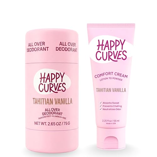 Happy Curves HAPPY CURVES Aluminum-Free Deodorant & Anti-Chafing Lotion to Powder Cream Bundle - All-Day Odor & Chafe Control for Women (Tahitian Vanilla)