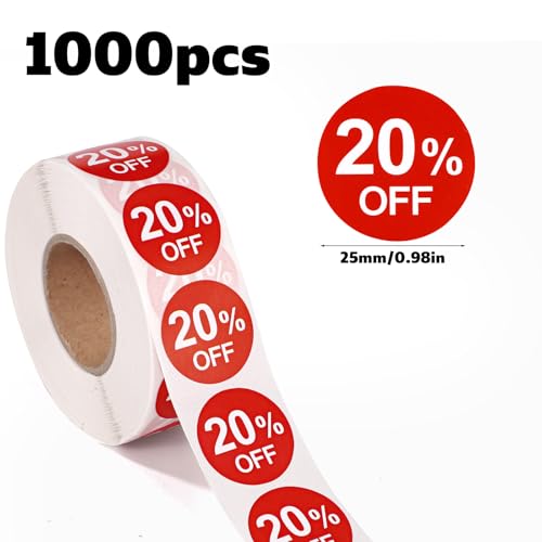 Tinoaly 1000uds Pegatinas de 20% Descuento, Pegatinas Redondas de 25mm Autoadhesivas 20 Porciento Descuento Etiquetas Promoción Prácticas Venta para Tiendas Minoristas Supermercados (Rojo) - imagen 2