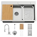 29.5x17.7In Kitchen Sink Workstation-Stainless Steel Drop In Single Bowl Double-Ledge Topmount All-in-one Workstation Sink With Faucet,Colander,SS Grid,Cutting Board,Cup Washer,Soap Dispenser