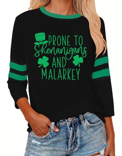 OCURHU Prone to Shenanigans and Malarkey Shirt Women Funny St Patrick's Day Tshirts 3/4 Sleeve St Paddys Day Outfits Black M
